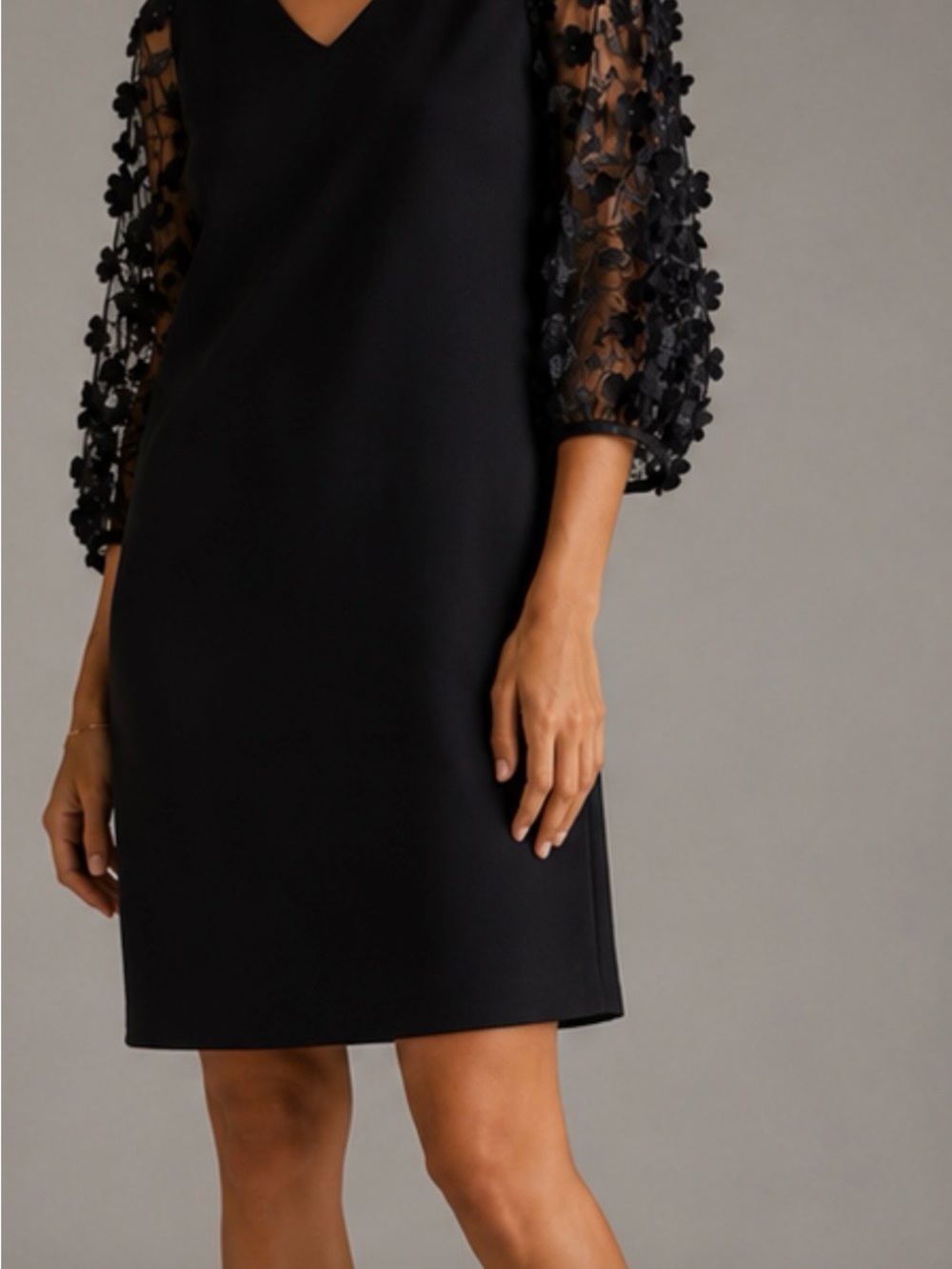 Eliza J Black V-Neck Mini Dress with 3D Floral Mesh Sleeves